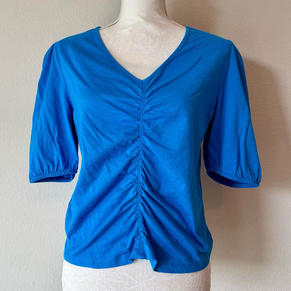 Mango Blue Cotton Knit V-neck Ruched Short Sleeve Top Ladies Medium
